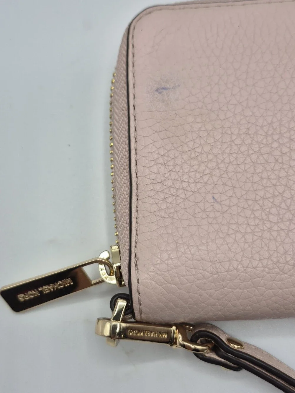 Michael Kors Pale Pink Pebbled Leather Wristlet Zip Wallet with Gold Hardware